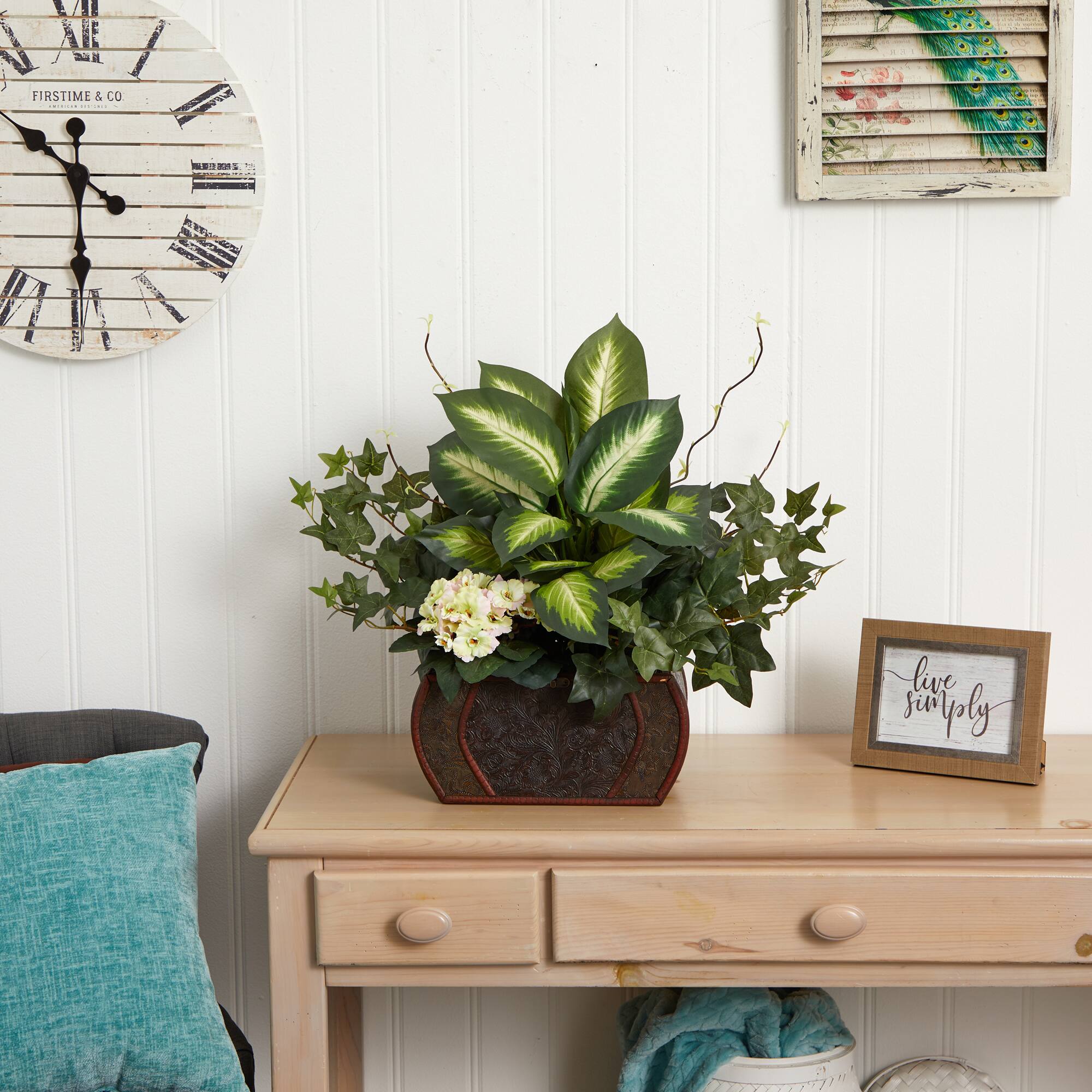 20" African Violet, Dumb Cane & Ivy in Decorative Chest